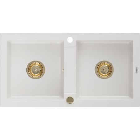 Mexen Mario kétmedencés gránit mosogató 820 x 436 mm, fehér, arany szifon - 6504822000-20-G