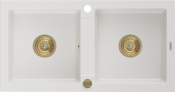 Mexen Mario chiuvetă de bucătărie din granit cu 2 compartimente 820 x 436 mm, albă, sifon auriu - 6504822000-20-G