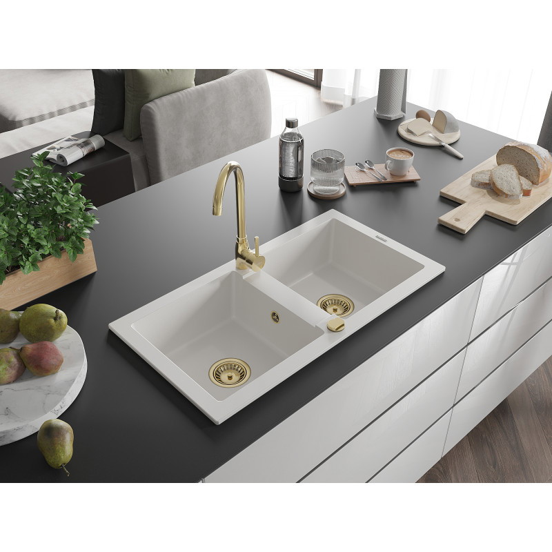 Mexen Mario kétmedencés gránit mosogató 820 x 436 mm, fehér, arany szifon - 6504822000-20-G