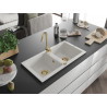 Mexen Mario kétmedencés gránit mosogató 820 x 436 mm, fehér, arany szifon - 6504822000-20-G