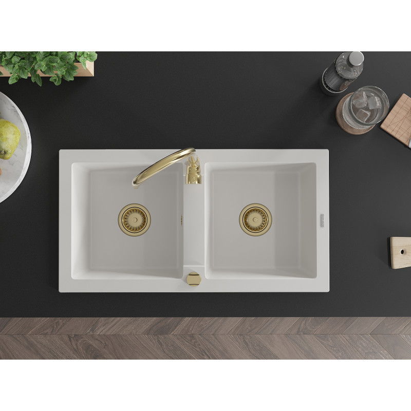 Mexen Mario chiuvetă de bucătărie din granit cu 2 compartimente 820 x 436 mm, alb, sifon auriu - 6504822000-20-G