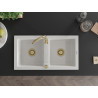 Mexen Mario kétmedencés gránit mosogató 820 x 436 mm, fehér, arany szifon - 6504822000-20-G