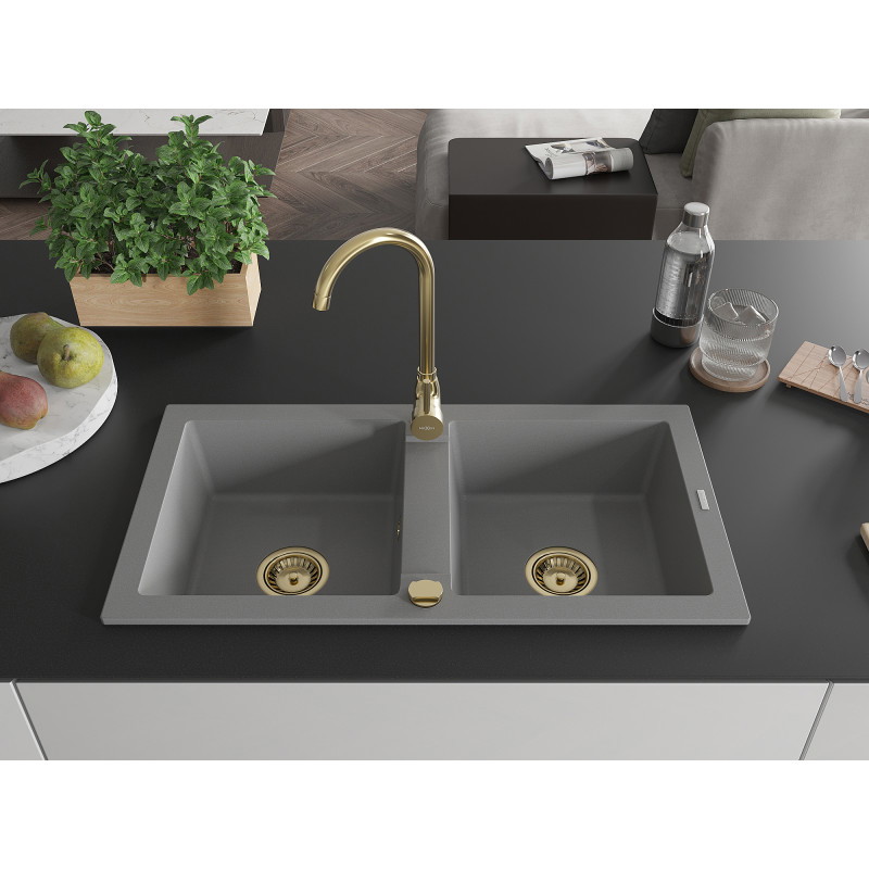 Mexen Mario chiuvetă din granit cu 2 cuve 820 x 436 mm, gri, sifon auriu - 6504822000-71-G