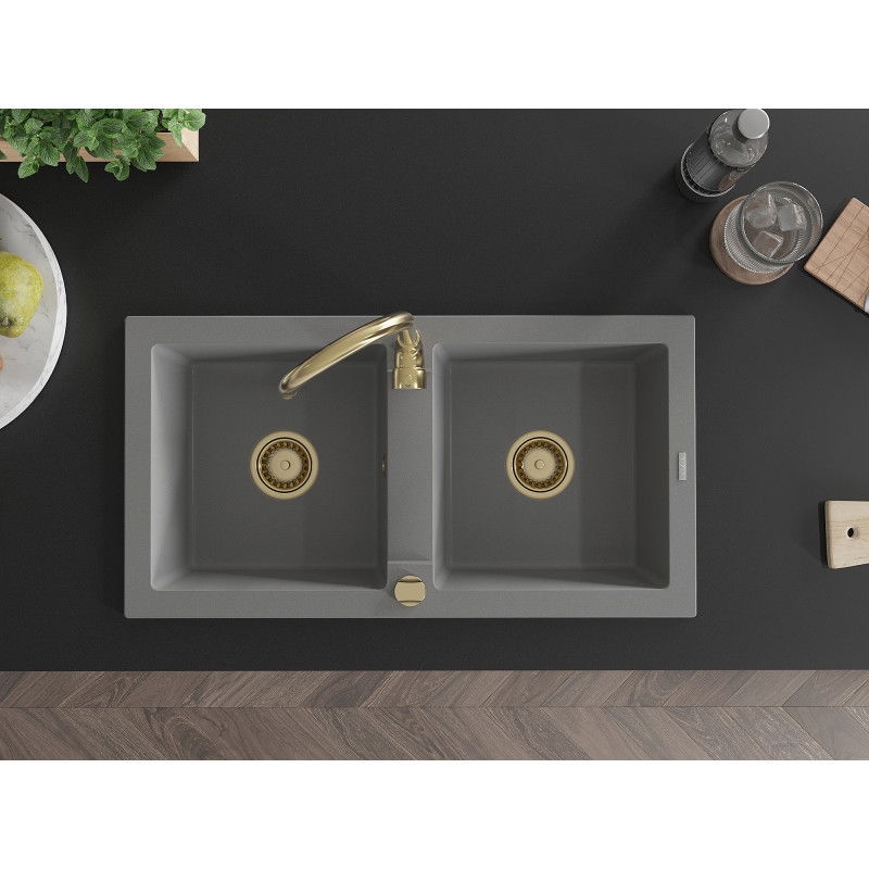 Mexen Mario chiuvetă din granit cu 2 compartimente 820 x 436 mm, gri, sifon auriu - 6504822000-71-G
