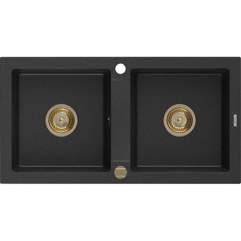 Mexen Mario chiuvetă de granit cu 2 compartimente 820 x 436 mm, negru/argintiu metalizat, sifon aurit - 6504822000-73-G