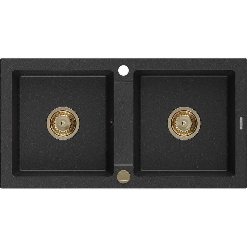 Mexen Mario kétkamrás gránit mosogató 820 x 436 mm, fekete/ezüst metál, arany szifon - 6504822000-73-G