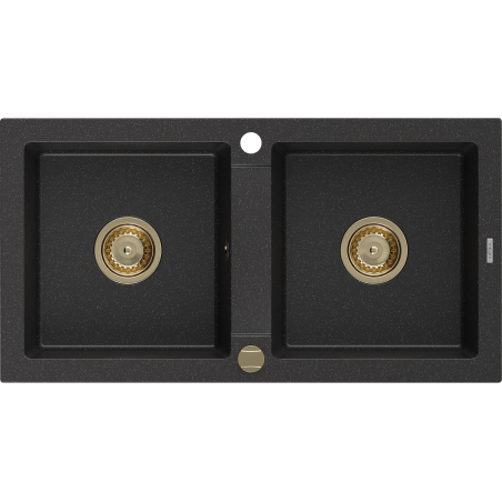 Mexen Mario 2-medencés gránit mosogató 820 x 436 mm, Fekete/Fém ezüst, szifon Arany - 6504822000-73-G
