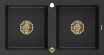 Mexen Mario gránit mosogató 2-medencés 820 x 436 mm, fekete/ezüst metál, arany szifon - 6504822000-73-G