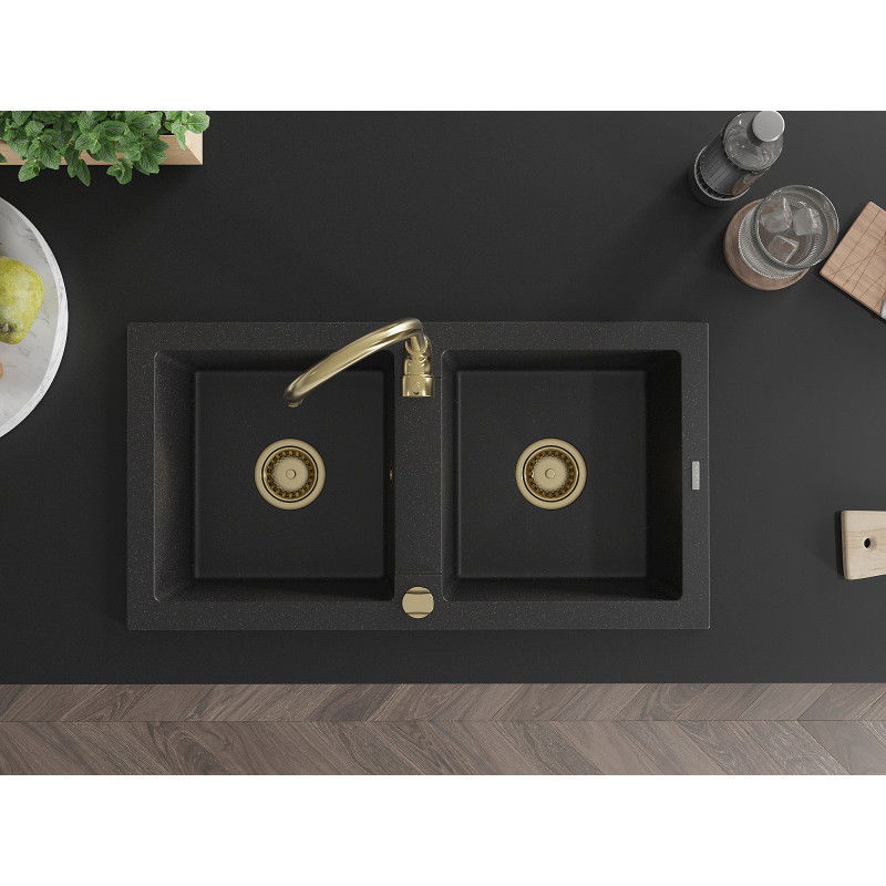 Mexen Mario gránit mosogató 2-medencés 820 x 436 mm, fekete/ezüst metál, arany szifon - 6504822000-73-G