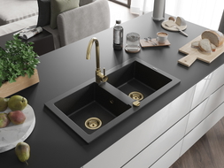 Mexen Mario chiuvetă de granit cu 2 compartimente 820 x 436 mm, negru/argintiu metalizat, sifon aurit - 6504822000-73-G
