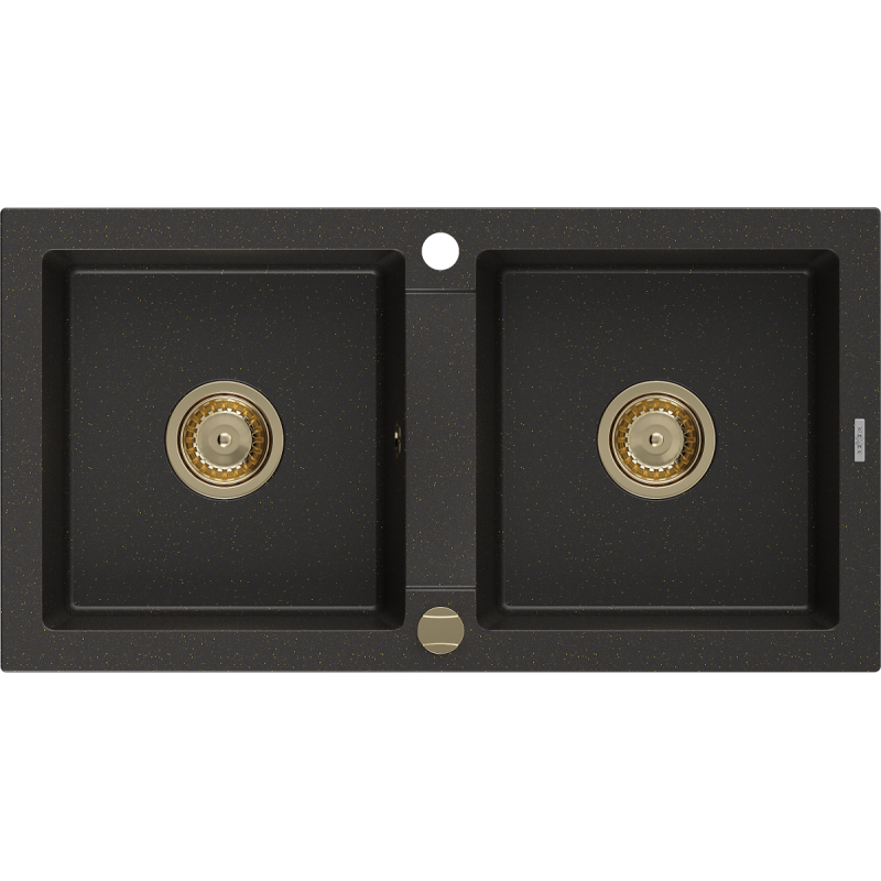 Mexen Mario 2-medencés gránit mosogató 820 x 436 mm, Fekete/Fém arany, szifon Arany - 6504822000-75-G