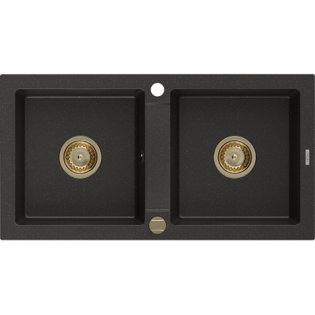 Mexen Mario chiuvetă de granit cu 2 compartimente 820 x 436 mm, negru/auriu metalizat, sifon auriu - 6504822000-75-G
