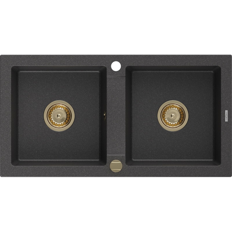 Mexen Mario gránit kétmedencés mosogató 820 x 436 mm, fekete pöttyös, arany szifon - 6504822000-76-G