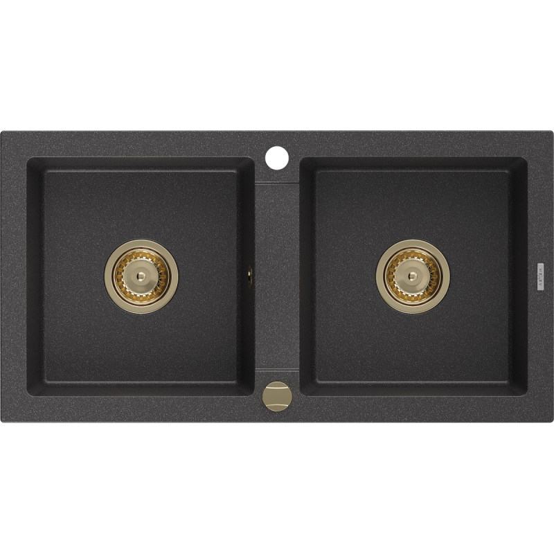Mexen Mario gránit mosogató kétmedencés 820 x 436 mm, fekete pettyes, arany szifon - 6504822000-76-G