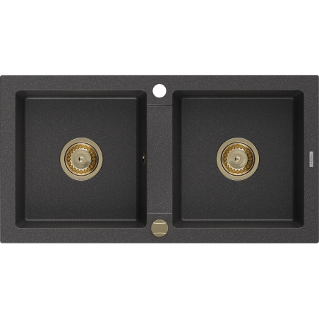 Mexen Mario Chiuvetă de granit cu 2 compartimente 820 x 436 mm, Neagră picățele, sifon Auriu - 6504822000-76-G