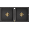 Mexen Mario chiuvetă de bucătărie din granit, 2 compartimente, 820 x 436 mm, negru pătat, sifon auriu - 6504822000-76-G