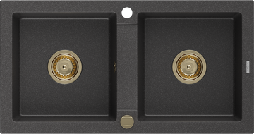 Mexen Mario gránit mosogató 2 rekeszes 820 x 436 mm, fekete pettyes, arany szifon - 6504822000-76-G