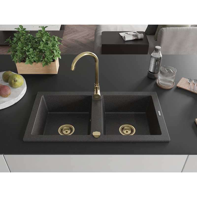 Mexen Mario chiuvetă de bucătărie din granit, 2 compartimente, 820 x 436 mm, negru pătat, sifon auriu - 6504822000-76-G