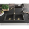 Mexen Mario chiuvetă de bucătărie din granit, 2 compartimente, 820 x 436 mm, negru pătat, sifon auriu - 6504822000-76-G