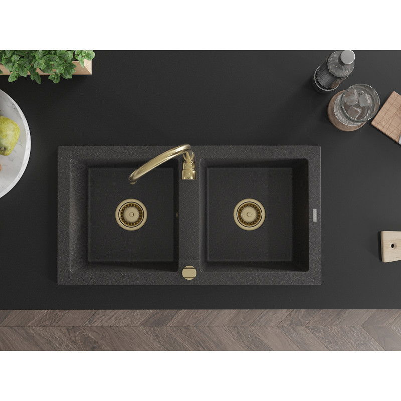 Mexen Mario chiuvetă de granit cu 2 compartimente 820 x 436 mm, negru pătat, sifon auriu - 6504822000-76-G