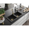 Mexen Mario kétrészes gránit mosogató 820 x 436 mm, fekete, arany szifonnal - 6504822000-77-G