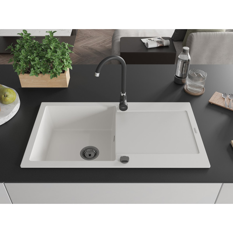 Mexen Leo chiuvetă de granit cu 1 compartiment și scurgător 900 x 500 mm, albă, sifon negru - 6501901010-20-B