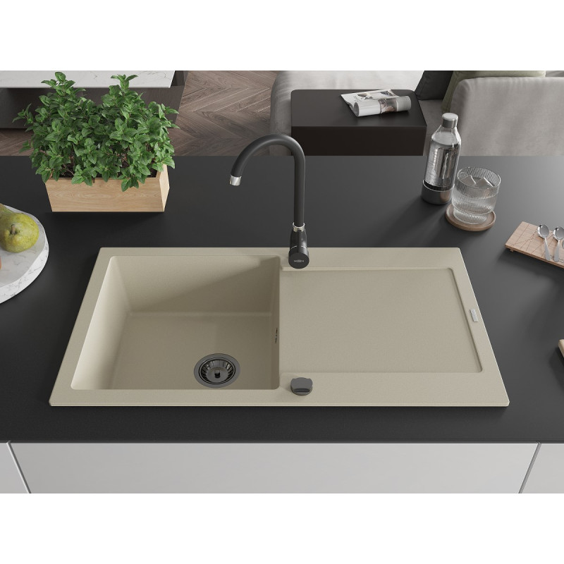 Mexen Leo chiuvetă de granit cu 1 compartiment și scurgător 900 x 500 mm, bej, sifon negru - 6501901010-69-B