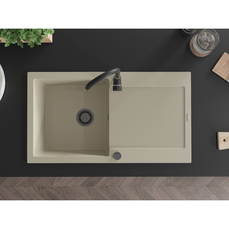 Mexen Leo chiuvetă de granit cu 1 compartiment și scurgător 900 x 500 mm, bej, sifon negru - 6501901010-69-B