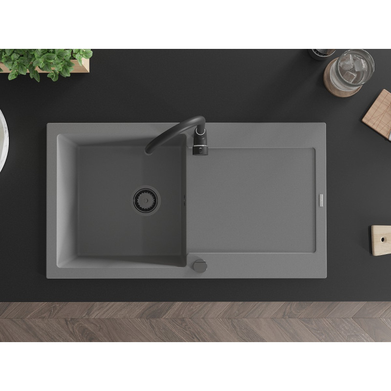 Mexen Leo chiuvetă de granit cu 1 bazin și picurător 900 x 500 mm, gri, sifon negru - 6501901010-71-B