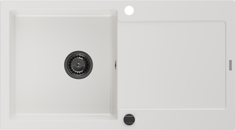 Mexen Leo chiuvetă din granit cu 1 compartiment cu picurător 900 x 500 mm, Albă, sifon Neagră - 6501901010-20-B