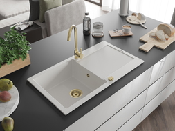Mexen Leo chiuvetă din granit cu 1 compartiment cu picurător 900 x 500 mm, Albă, sifon Auriu - 6501901010-20-G