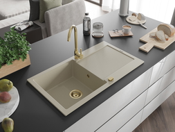 Mexen Leo chiuvetă din granit cu 1 compartiment cu picurător 900 x 500 mm, Bej, sifon Auriu - 6501901010-69-G