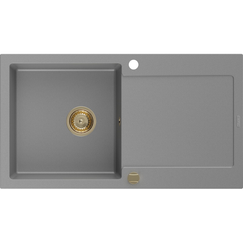 Mexen Leo chiuvetă de bucătărie din granit cu 1 compartiment și scurgător 900 x 500 mm, gri, sifon auriu - 6501901010-71-G