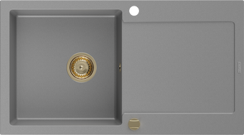 Mexen Leo chiuvetă de bucătărie din granit, 1 compartiment cu scurgător 900 x 500 mm, gri, sifon auriu - 6501901010-71-G