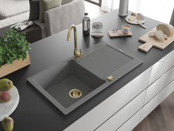 Mexen Leo chiuvetă din granit cu 1 compartiment cu picurător 900 x 500 mm, gri, sifon Auriu - 6501901010-71-G