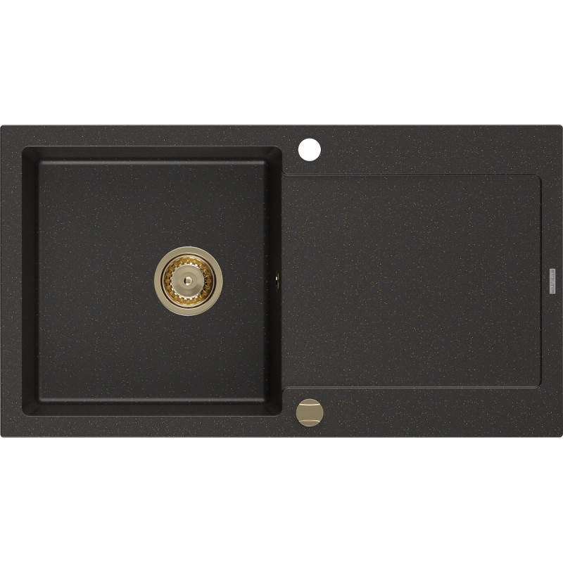Mexen Leo chiuvetă de granit cu 1 cuvă și picurător 900 x 500 mm, negru/auriu metalic, sifon auriu - 6501901010-75-G