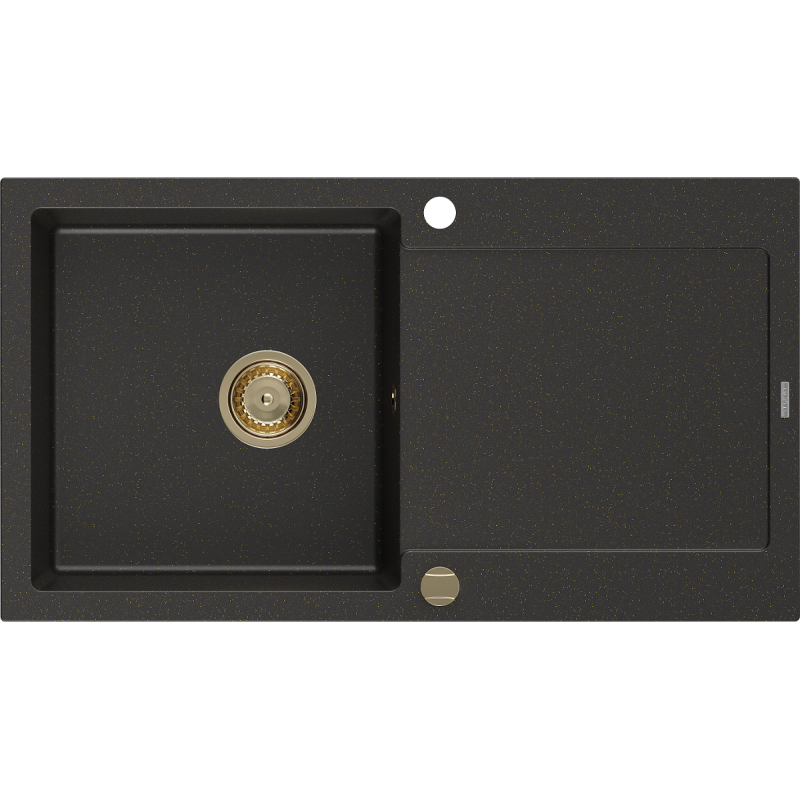 Mexen Leo chiuvetă din granit cu 1 compartiment cu picurător 900 x 500 mm, Neagră/Auriu metalic, sifon Auriu - 6501901010-75-G