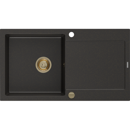 Mexen Leo 1 kamrás gránit mosogató csepptálcával, 900 x 500 mm, fekete/arany metál, arany szifon - 6501901010-75-G