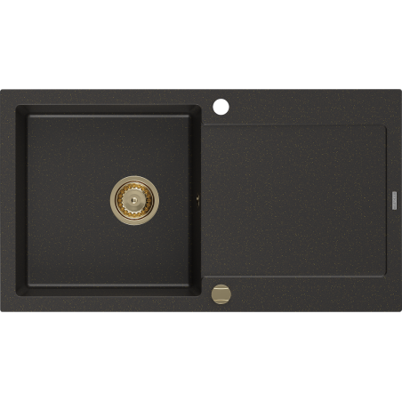 Mexen Leo chiuvetă din granit cu 1 compartiment cu picurător 900 x 500 mm, Neagră/Auriu metalic, sifon Auriu - 6501901010-75-G