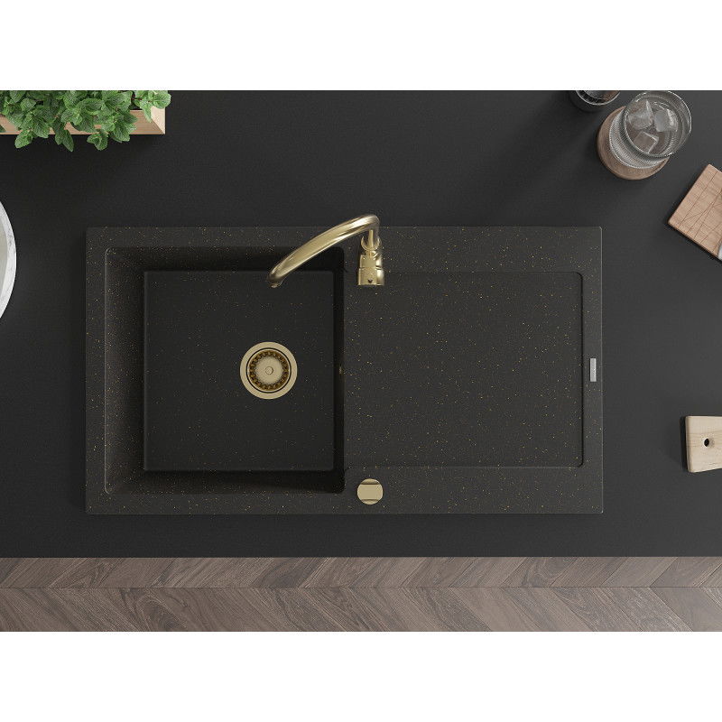 Mexen Leo chiuvetă de granit cu o singură cameră cu picurător 900 x 500 mm, negru/auriu metalic, sifon auriu - 6501901010-75-G