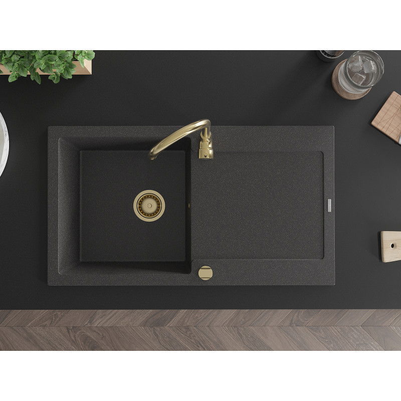Mexen Leo chiuvetă de granit 1-cu o tavă pentru scurgere 900 x 500 mm, negru împrăștiat, sifon auriu - 6501901010-76-G