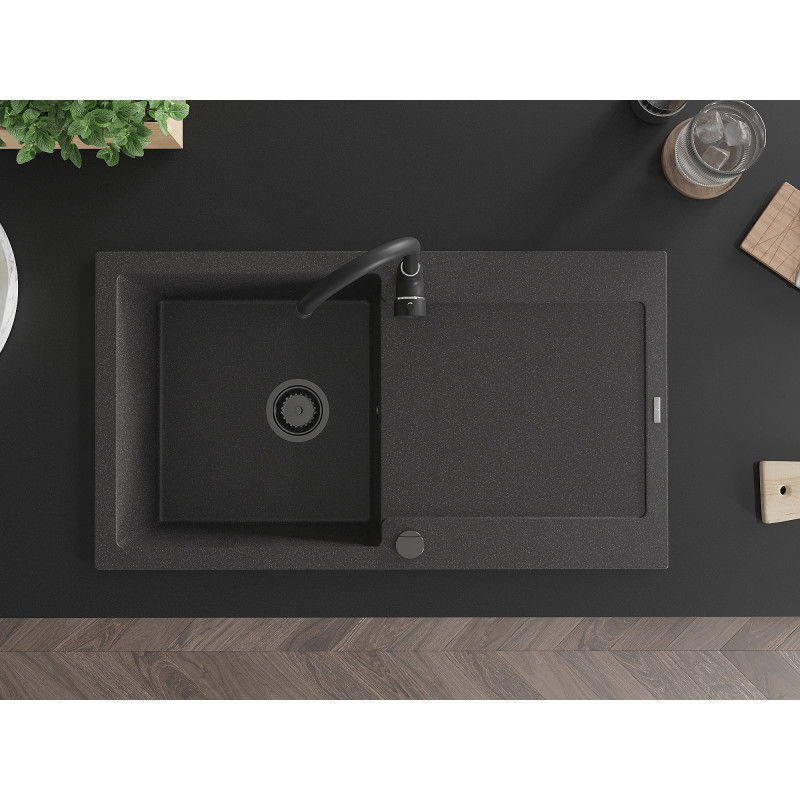 Mexen Leo chiuvetă din granit cu 1 compartiment și scurgător 900 x 500 mm, negru cu stropi, sifon negru - 6501901010-76-B