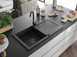 Mexen Leo chiuvetă din granit cu 1 compartiment cu picurător 900 x 500 mm, Neagră/Auriu metalic, sifon Neagră - 6501901010-75-B