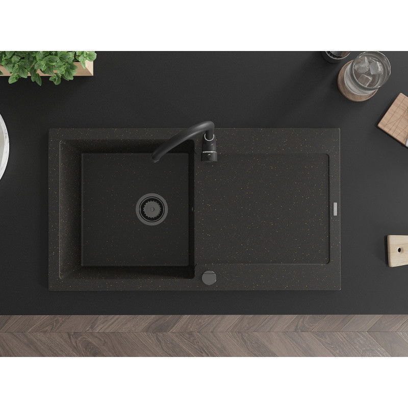 Mexen Leo chiuvetă granitică cu 1 compartiment cu scurgător 900 x 500 mm, negru/auriu metalizat, sifon negru