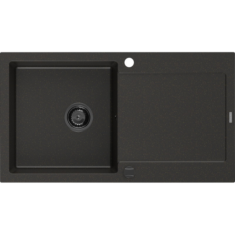 Mexen Leo 1-medencés gránit mosogató csepegtetővel 900 x 500 mm, fekete/arany metál, fekete szifon - 6501901010-75-B