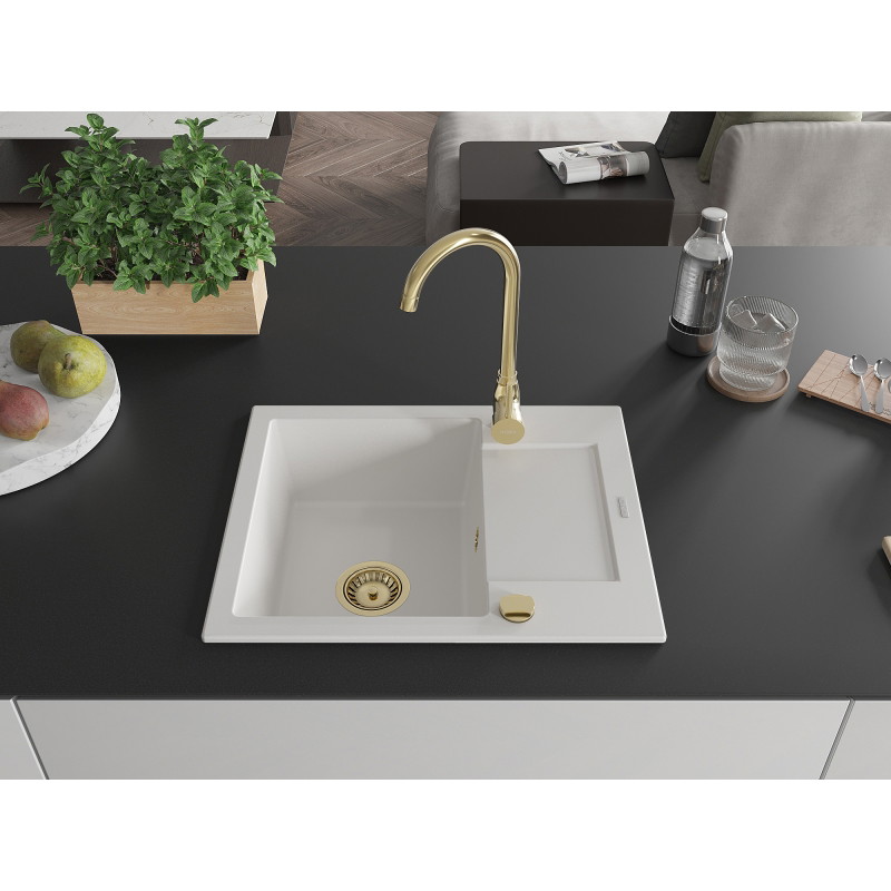 Mexen Enzo chiuvetă de granit cu 1 compartiment și scurgător 576 x 465 mm, alb, sifon auriu - 6506571005-20-G