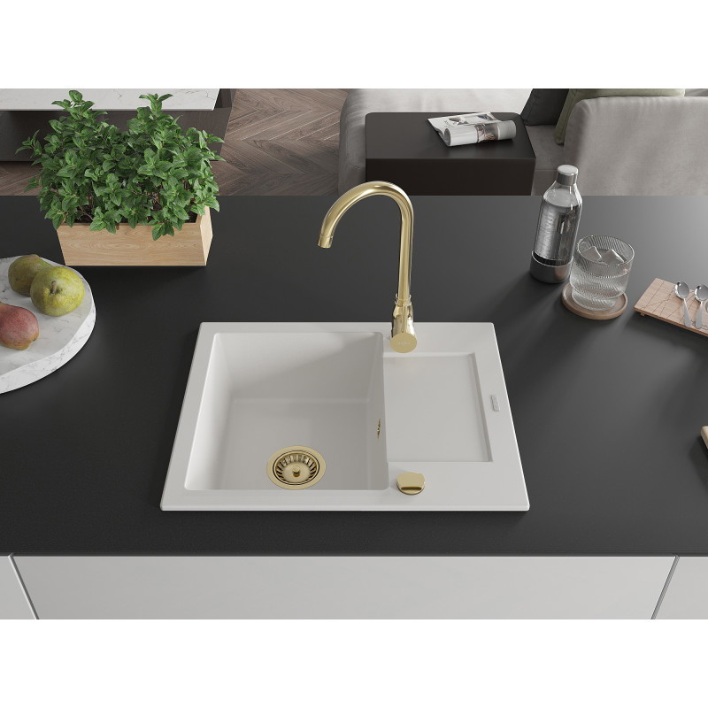 Mexen Enzo chiuvetă de granit cu 1 compartiment și scurgător, 576 x 465 mm, albă, sifon auriu - 6506571005-20-G