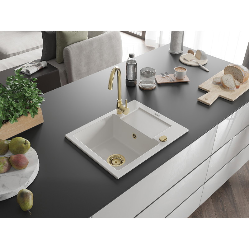 Mexen Enzo egy tálcás gránit mosogató csepegtetővel 576 x 465 mm, fehér, arany szifonnal - 6506571005-20-G
