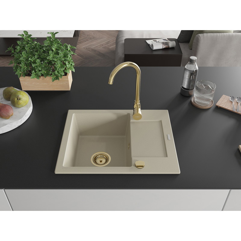 Mexen Enzo chiuvetă de granit cu 1 compartiment și scurgător 576 x 465 mm, bej, sifon auriu - 6506571005-69-G