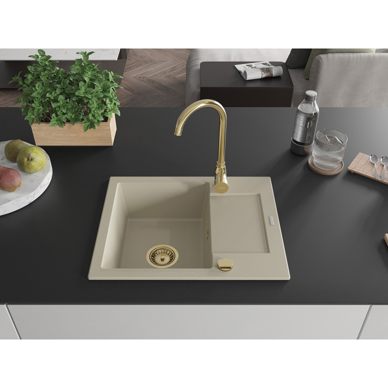 Mexen Enzo chiuvetă din granit cu 1 compartiment și picurător 576 x 465 mm, bej, sifon auriu - 6506571005-69-G